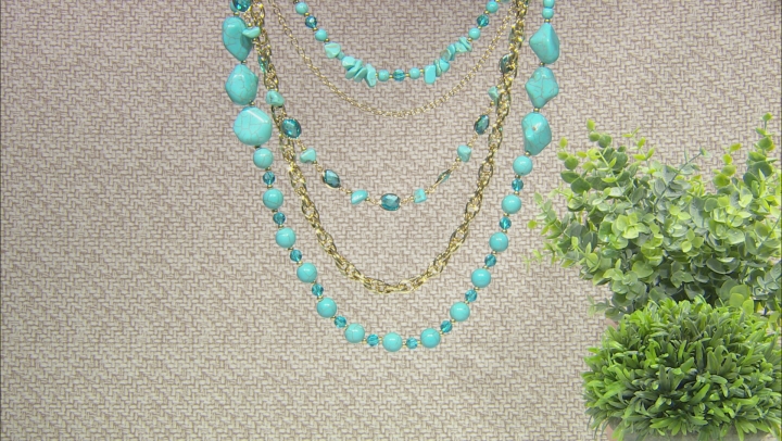 Turquoise Simulant And Blue Crystal Gold Tone Multi-Row Necklace Video Thumbnail