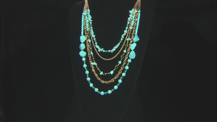 Turquoise Simulant And Blue Crystal Gold Tone Multi-Row Necklace Video Thumbnail