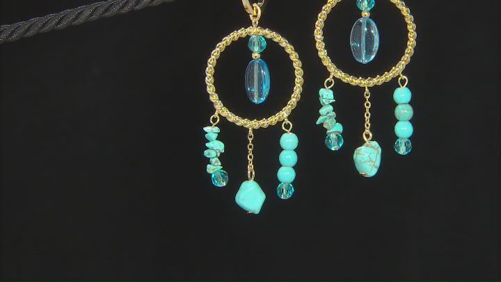 Turquoise Simulant And Blue Bead Gold Tone Statement Earrings Video Thumbnail