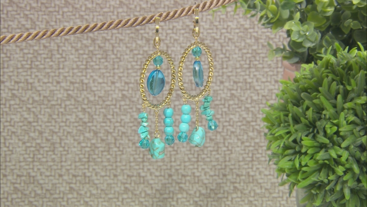 Turquoise Simulant And Blue Bead Gold Tone Statement Earrings Video Thumbnail