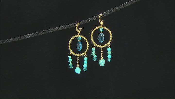 Turquoise Simulant And Blue Bead Gold Tone Statement Earrings Video Thumbnail