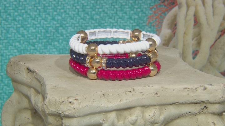 White Crystal Red, White, And Blue Epoxy Gold Tone Stretch Bracelet Set Of Three Video Thumbnail