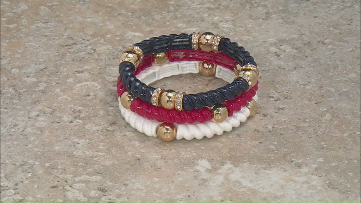 White Crystal Red, White, And Blue Epoxy Gold Tone Stretch Bracelet Set Of Three Video Thumbnail