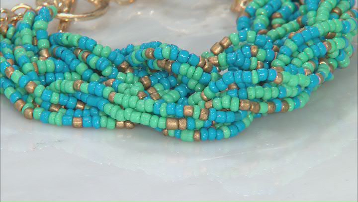 Blue, Green, and Gold Beaded Gold Tone Bracelet Video Thumbnail