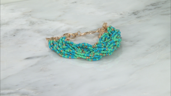 Blue, Green, and Gold Beaded Gold Tone Bracelet Video Thumbnail