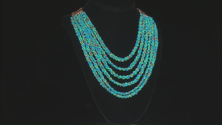 Blue, Green, and Gold Beaded Multi Strand Gold Tone Necklace Video Thumbnail