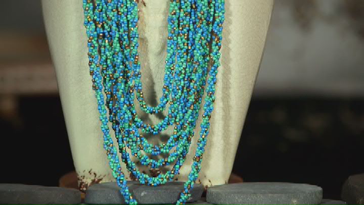 Blue, Green, and Gold Beaded Multi Strand Gold Tone Necklace Video Thumbnail