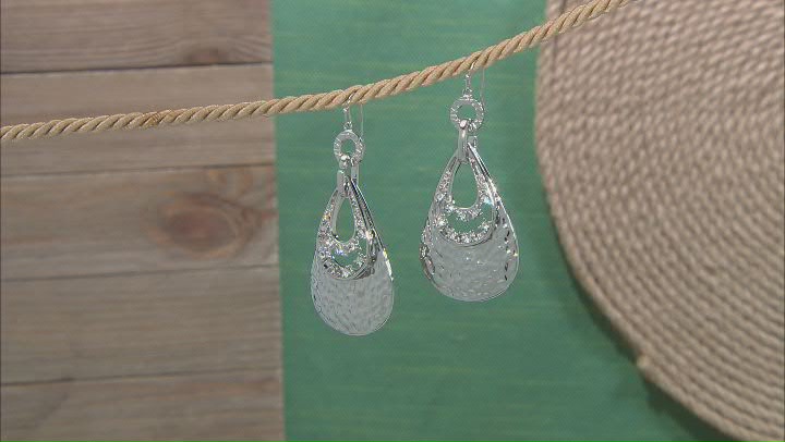White Crystal Silver Tone Hammered Design Layered Dangle Earring Video Thumbnail