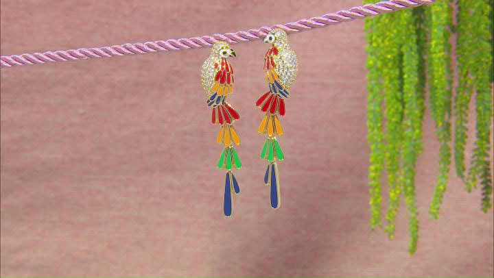 Multi Color Enamel and White Cubic Zirconia Gold Tone Parrot Earrings 3.84ctw