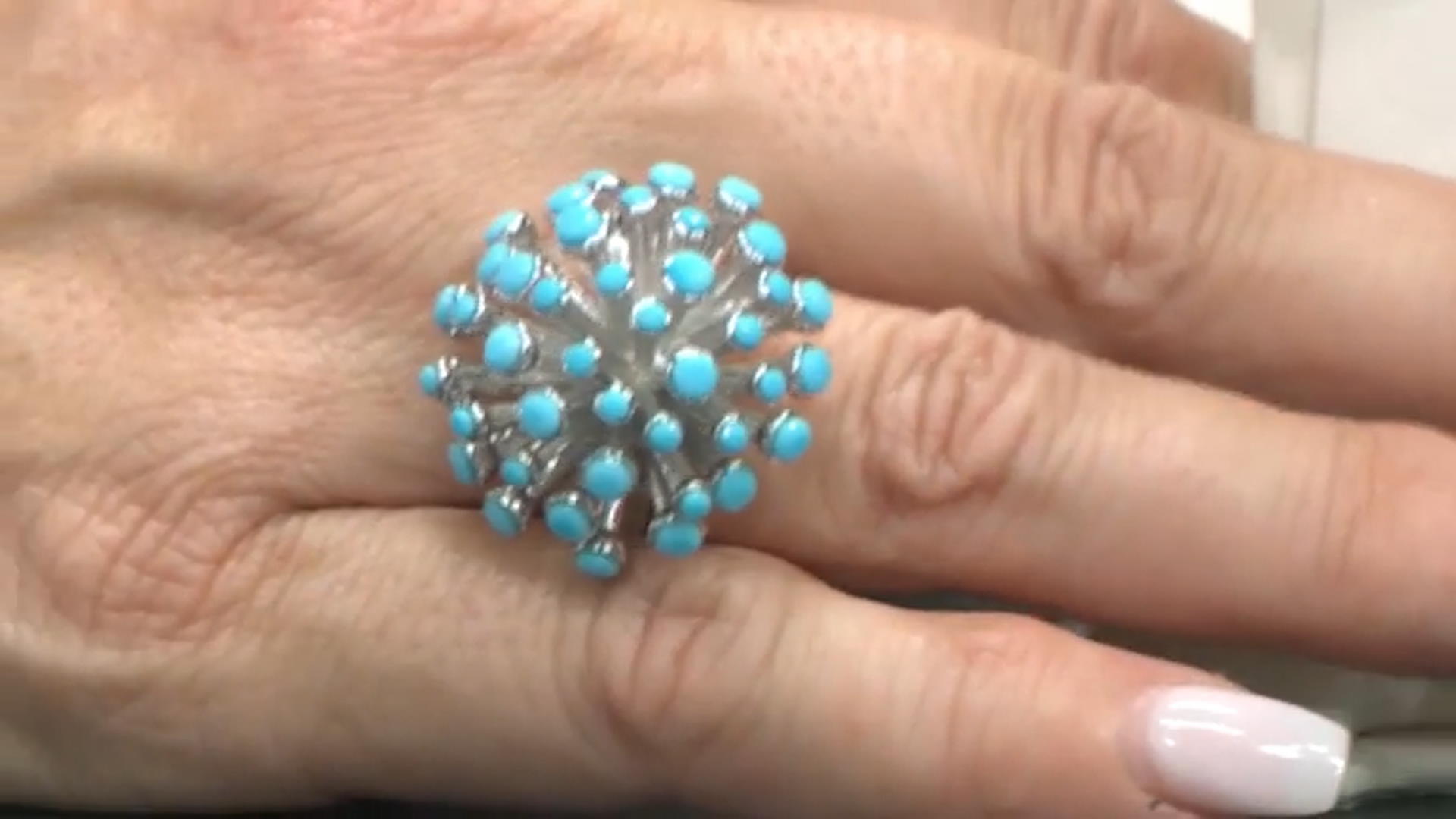 Turquoise Color Crystal Silver Tone Starburst Ring Video Thumbnail