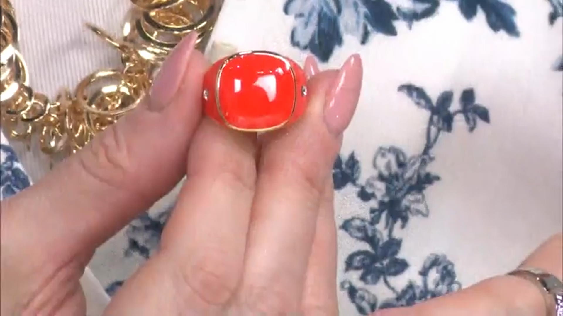 Coral Color Enamel with White Crystal Accents Gold Tone Ring Video Thumbnail