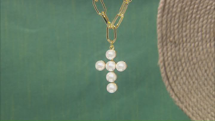 White Pearl Simulant Paperclip Chain Cross Necklace Video Thumbnail