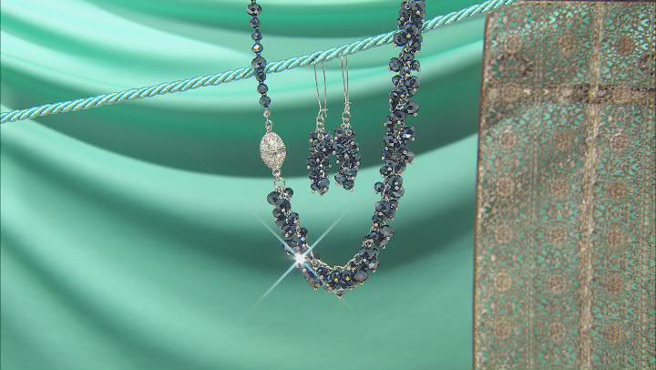 Blue & White Crystal Beaded Necklace and Dangle Earring Silver Tone Set Video Thumbnail