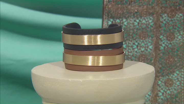 Gold Tone Black & Neutral Color Imitation Leather Set of 2 Cuff Bracelets Video Thumbnail