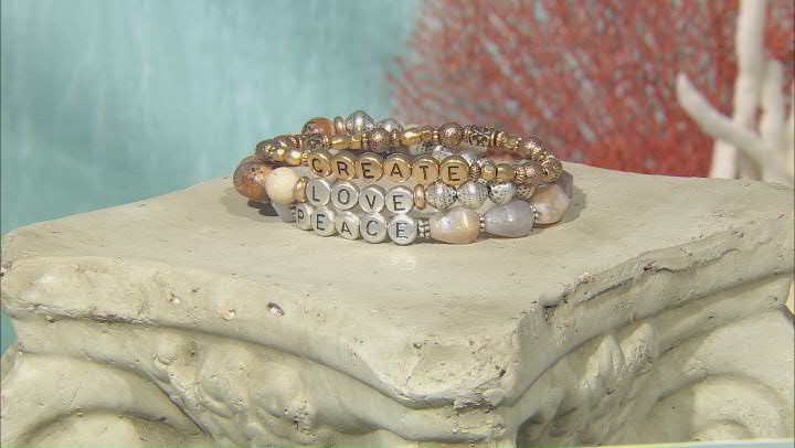 Jasper & Acrylic Gold & Silver Tone Set of 3 "Peace, Love, & Create" Stretch Bracelets Video Thumbnail