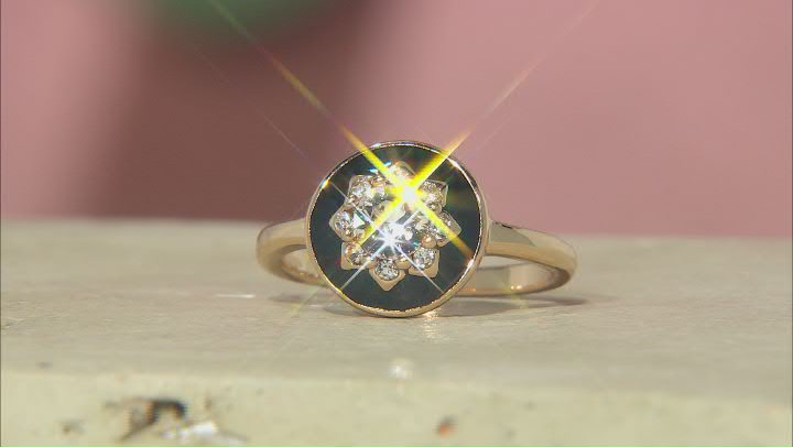 Black Enamel & Crystal Gold Tone Brass Ring Video Thumbnail