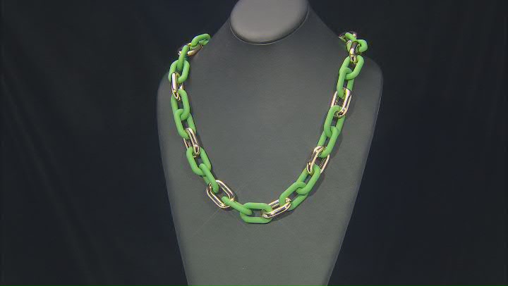 Green Enamel Gold Tone Paperclip Chain Link Necklace Video Thumbnail