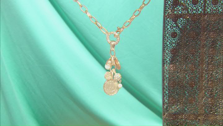 Gold Tone Dangle Charm Necklace with Pearl Simulant and White Crystals Video Thumbnail