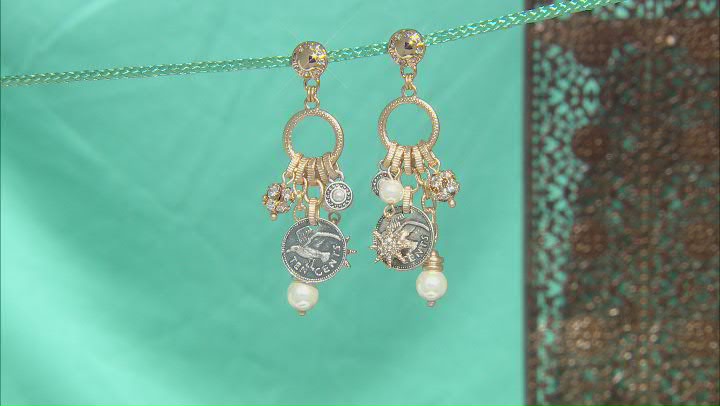 Gold Tone Coin with Pearl Simulant & White Crystal Dangle Charm Earrings Video Thumbnail