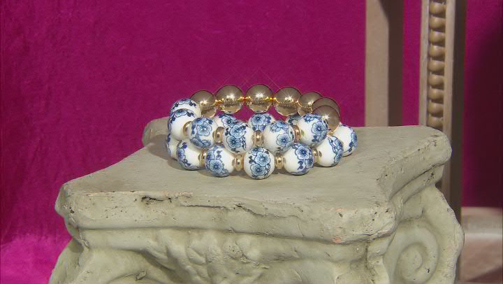 Blue Beaded Floral Gold Tone Stretch Bracelet Set of 2 Video Thumbnail