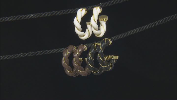 Imitation Leather Gold Tone Set of 3 Twisted Hoop Earrings Video Thumbnail