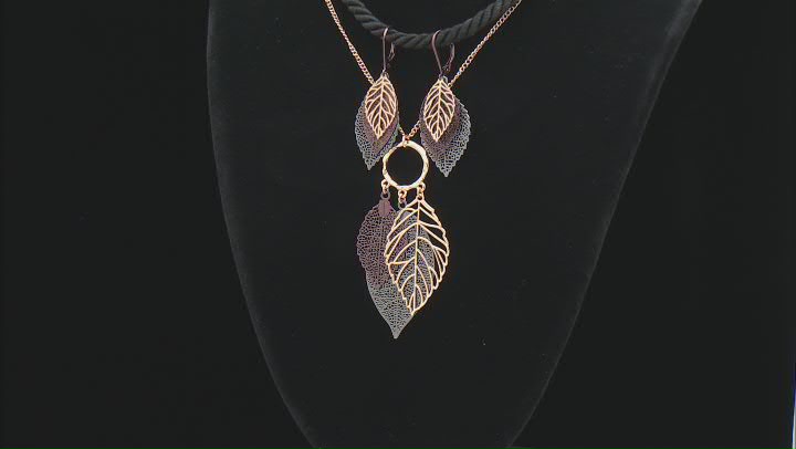 Tri-Color Tone Necklace & Earring Leaf Charm Set Video Thumbnail