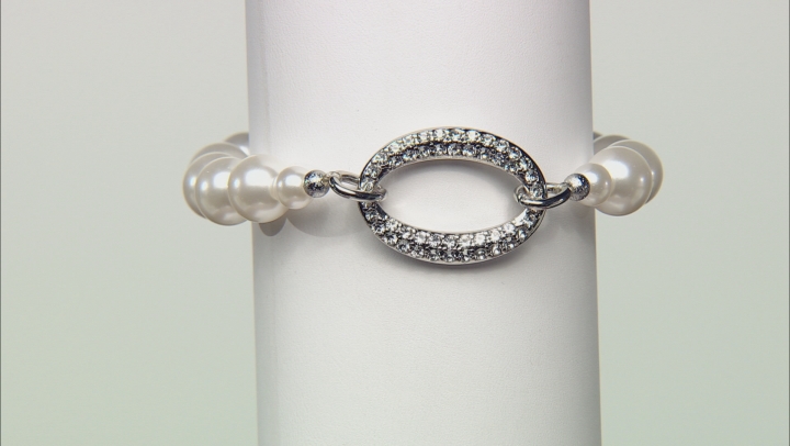 Pearl Simulant With White Crystal Silver Tone Necklace and Bracelet Set Video Thumbnail