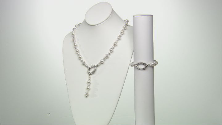 Pearl Simulant With White Crystal Silver Tone Necklace and Bracelet Set Video Thumbnail