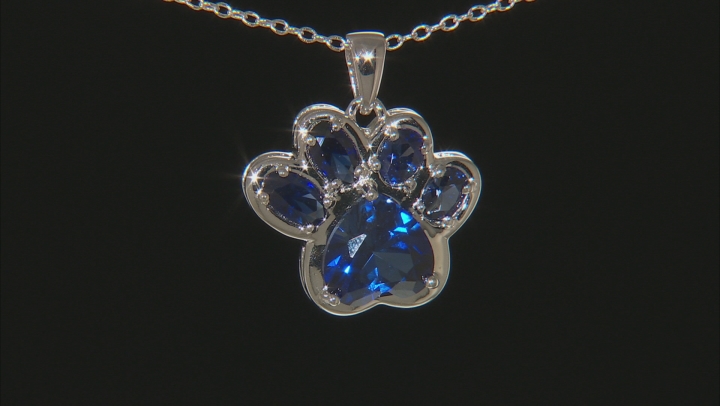 Blue lab created sapphire rhodium over silver paw print pendant with chain 2.56ctw Video Thumbnail