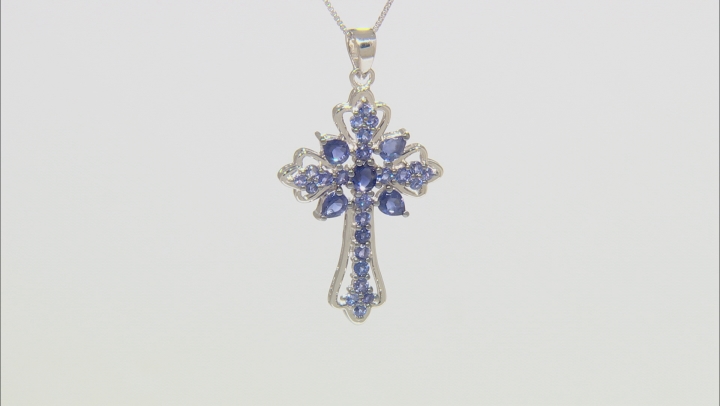 Blue iolite  rhodium over silver cross pendant with chain 2.29ctw Video Thumbnail
