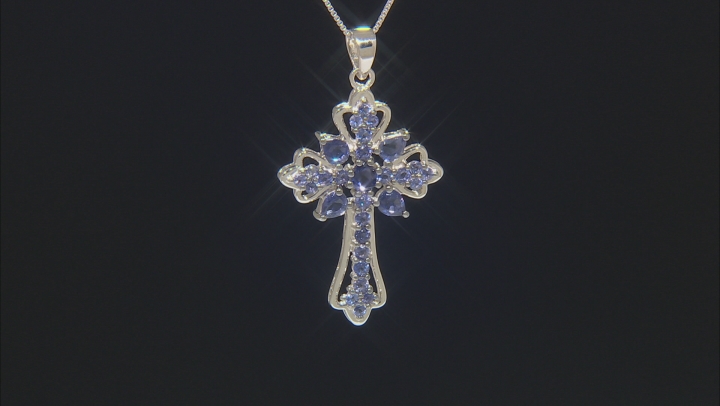 Blue iolite  rhodium over silver cross pendant with chain 2.29ctw Video Thumbnail