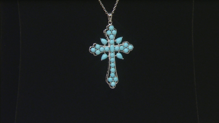 Blue Sleeping Beauty Turquoise Rhodium Over Sterling Silver Cross Pendant With Chain Video Thumbnail