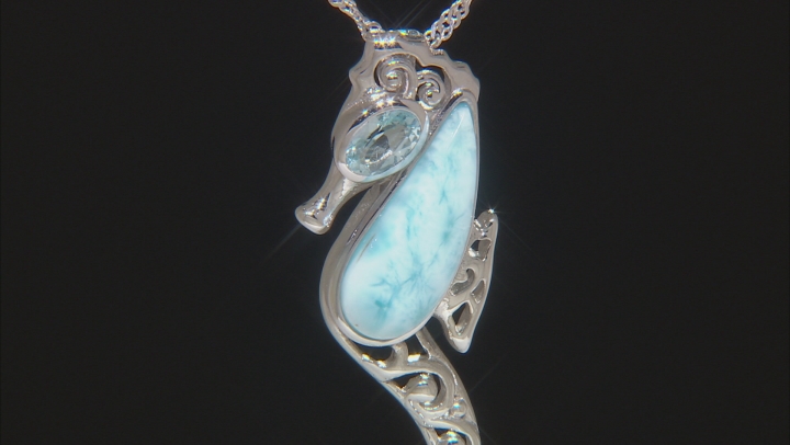 Larimar Cabochon With Blue Topaz .50ct Sterling Silver "Seahorse" Pendant With Chain Video Thumbnail
