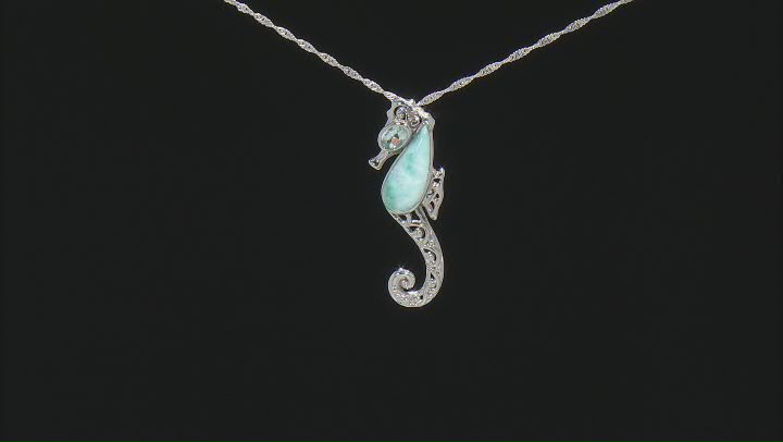 Larimar Cabochon With Blue Topaz .50ct Sterling Silver "Seahorse" Pendant With Chain Video Thumbnail