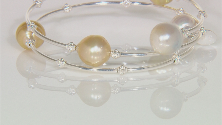 9-10mm Cultured South Sea Pearl Sterling Silver Memory Wire Bracelet Video Thumbnail