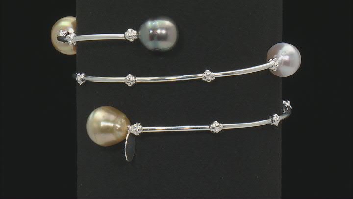 Multi-Color Cultured South Sea And Tahitian Pearl Sterling Silver Memory Wire Bracelet Video Thumbnail