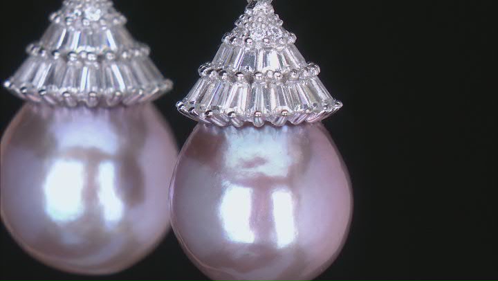 12.5-13mm Cultured Freshwater Pearl With Cubic Zirconia Rhodium Over Silver Earrings Video Thumbnail