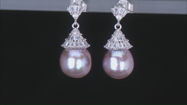 12.5-13mm Cultured Freshwater Pearl With Cubic Zirconia Rhodium Over Silver Earrings Video Thumbnail