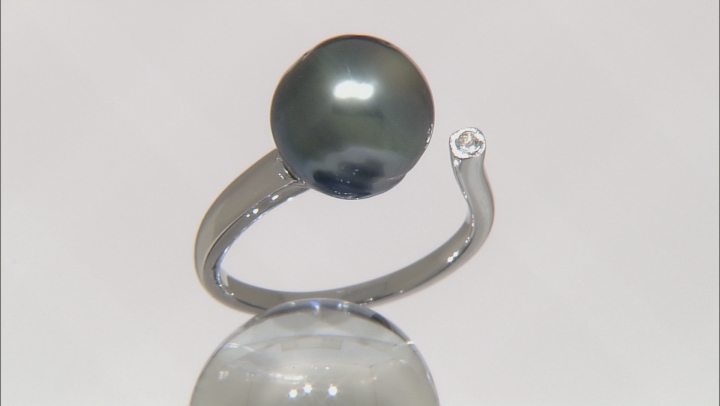 Cultured Tahitian Pearl With Topaz Rhodium Over Sterling Silver Ring 10mm Video Thumbnail