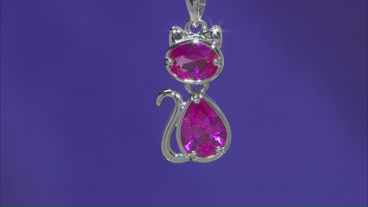 Pink Lab Created Sapphire Rhodium Over Sterling Silver Cat Pendant With Chain 3.45ctw Video Thumbnail
