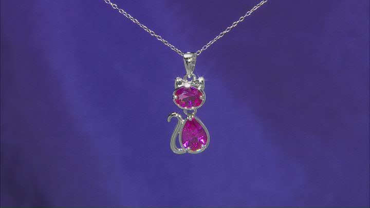 Pink Lab Created Sapphire Rhodium Over Sterling Silver Cat Pendant With Chain 3.45ctw Video Thumbnail