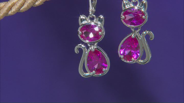 Pink Lab Created Sapphire Rhodium Over Sterling Silver Cat Earrings 6.90ctw Video Thumbnail