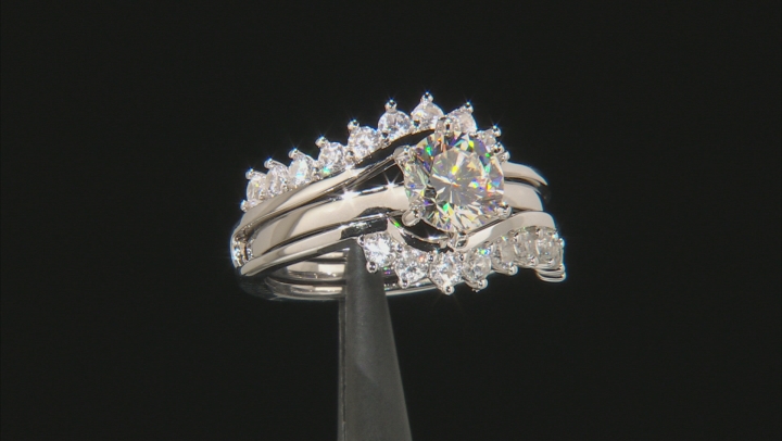 White Strontium Titanate And White Zircon Rhodium Over Silver Ring With Guard 3.02ctw Video Thumbnail