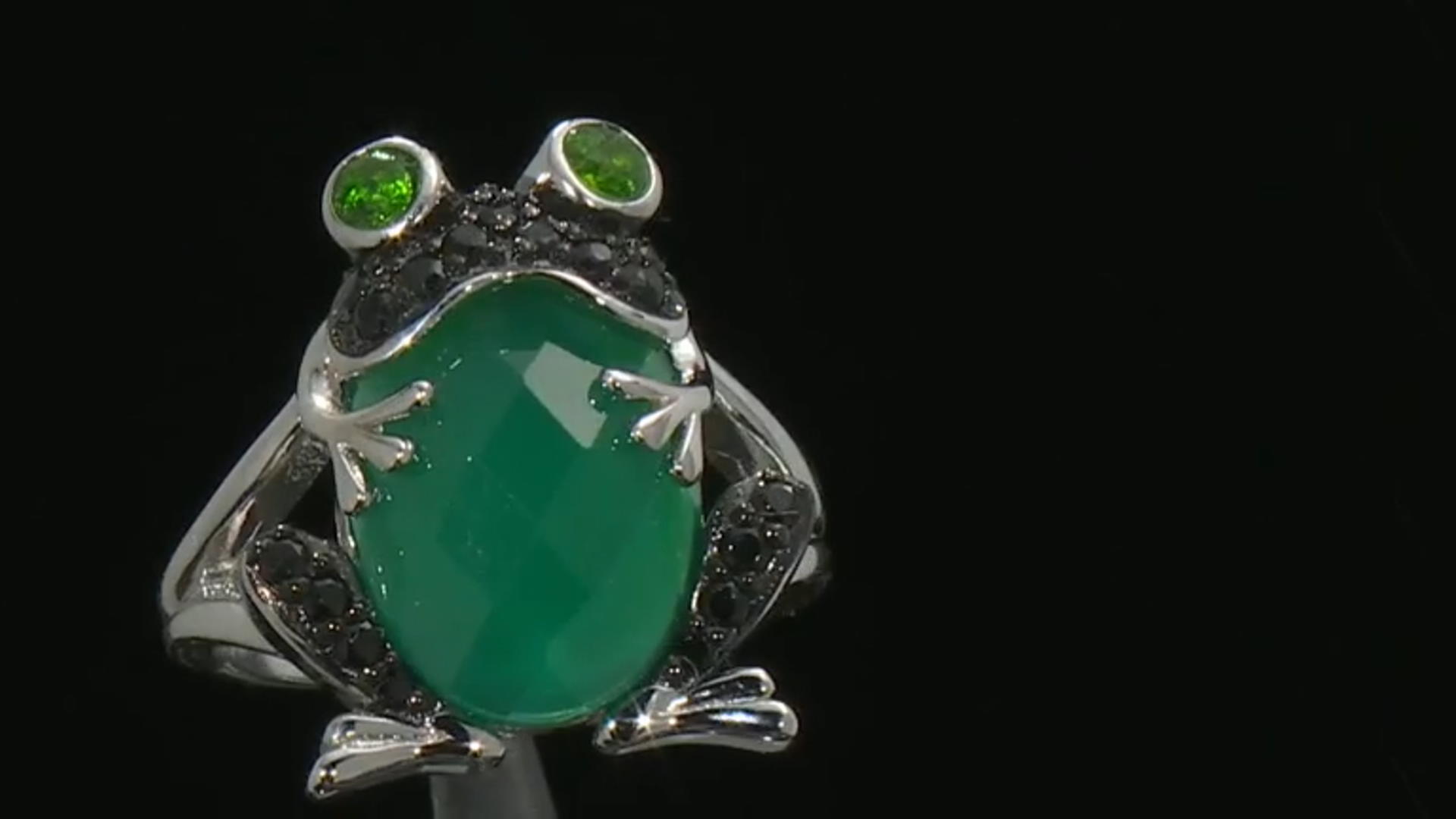 Green Onyx Rhodium Over Sterling Silver Frog Ring .42ctw Video Thumbnail