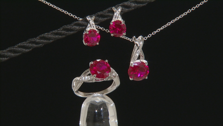 Red Lab Created Ruby Rhodium Over Sterling Silver Jewelry Set 9.67ctw Video Thumbnail