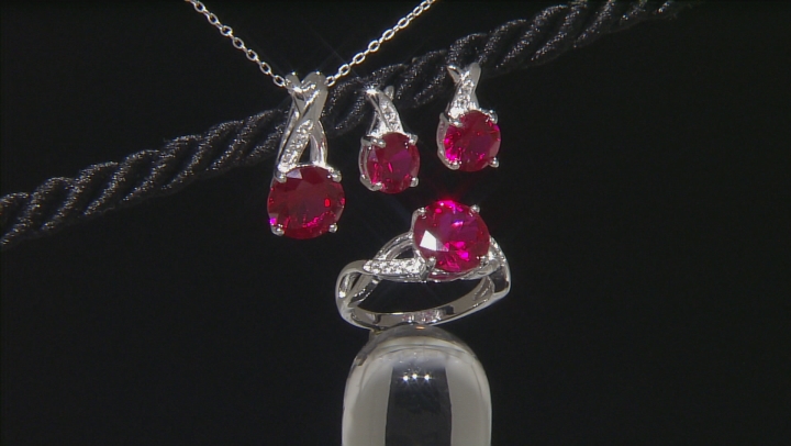 Red Lab Created Ruby Rhodium Over Sterling Silver Jewelry Set 9.67ctw Video Thumbnail