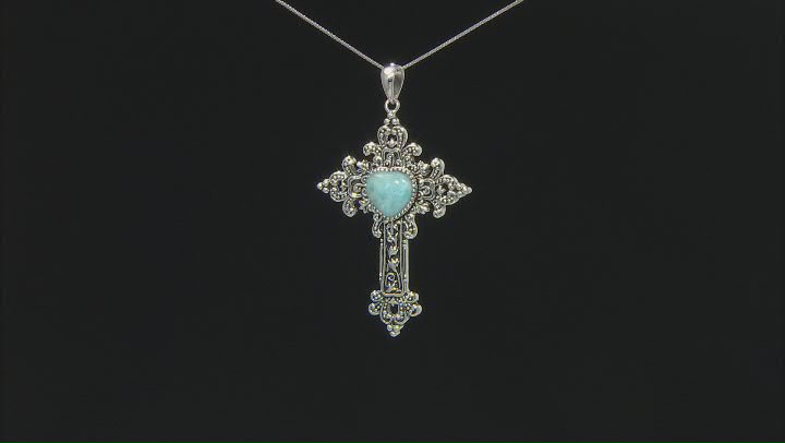 Blue Larimar Rhodium Over Sterling Silver Cross Pendant With Chain Video Thumbnail
