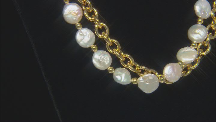 White Cultured Freshwater Pearl 18k Yellow Gold Over Brass Double Strand Necklace