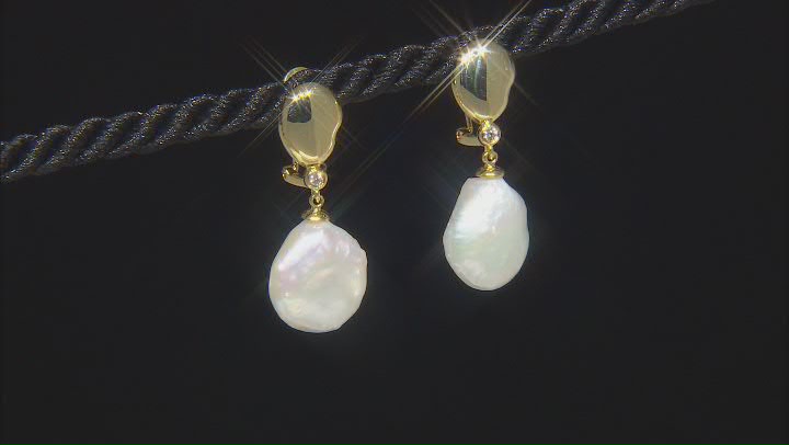 White Cultured Freshwater Pearl 18k Yellow Gold Over Brass Dangle Earrings