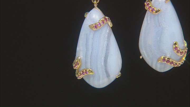 Blue Lace Agate 18k Yellow Gold Over Silver Earrings 34x18mm